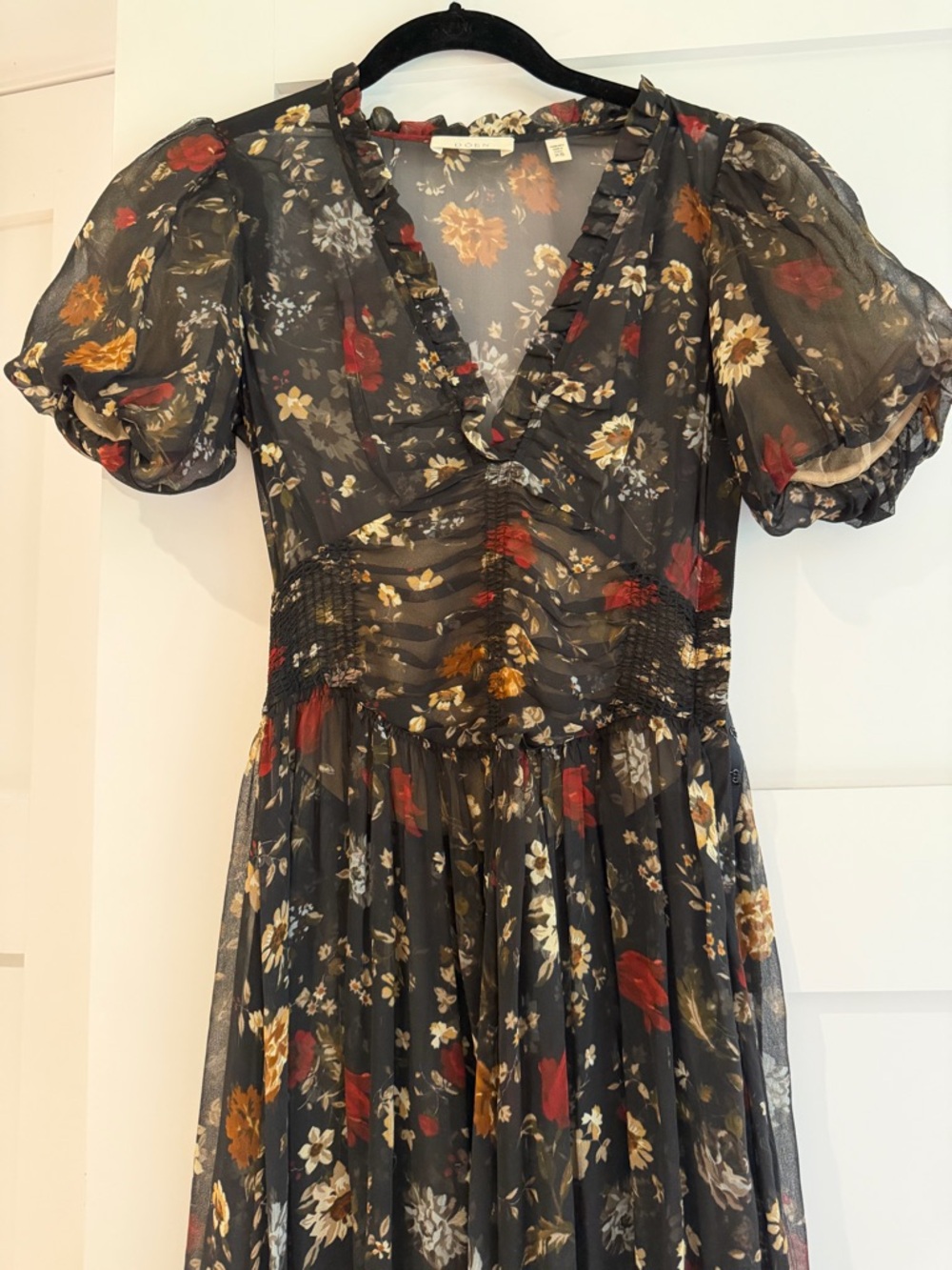 Sheer Black Floral Puff-Sleeve Midi Dress